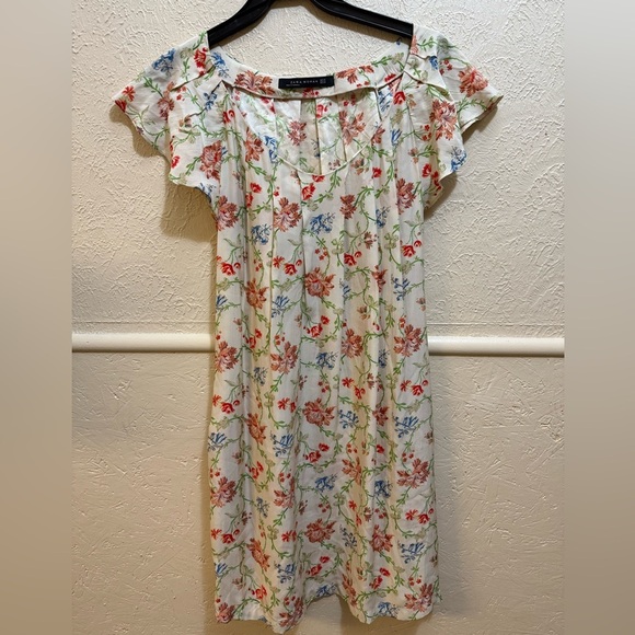 Zara 100% Silk Cream Floral Dress with Ruffled Flutter Sleeves size XS - Picture 1 of 8